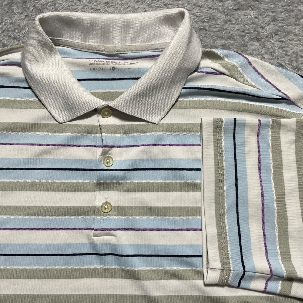 Nike Golf Mens Dri-FIT Striped Polo Shirt Large Blue Grey Purple White Short Slv